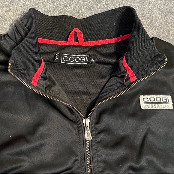 COOGI XL Bomber Track Jacket black red white stripe zipper satin varsity patches - Picture 2 of 12